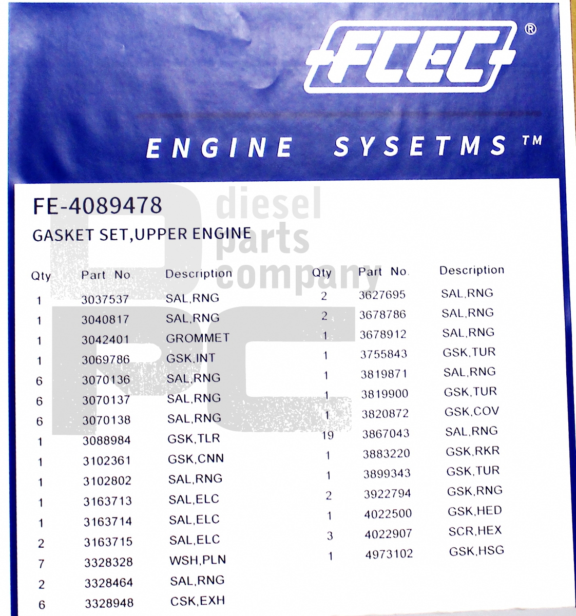 Прокладки двигателя (к-т, верх) Cummins ISM QSM M11 4089478 4025157 4024993 3803293